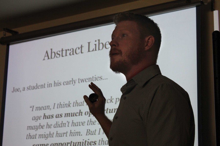 Professor Jared Olesen speaks during his presentation on “Racism without Racists,” discussing how Americans choose to turn a blind eye to race as a substitute for treating people equally.