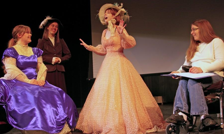 Elizabeth Voitik (left), Yvette Lucas (center left), Anna Klobnak (center right), and assistant director Megan Norlin (right) rehearse scenes from Legacy.
