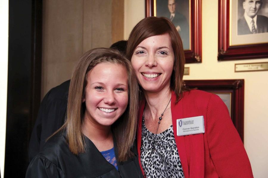 Connie Skerston (right) is all-smiles with graduate Ali Coutre at the 2014 commencement ceremony. Skerston, part of the IVCC Admissions staff, died unexpectedly on March 5.
