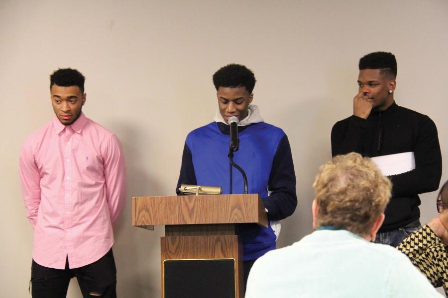 Basketball players (L-R) Jalen Latham, troy Johnson, Ricky Calvin took turns telling their stories at the Inspired By the Dream event.
