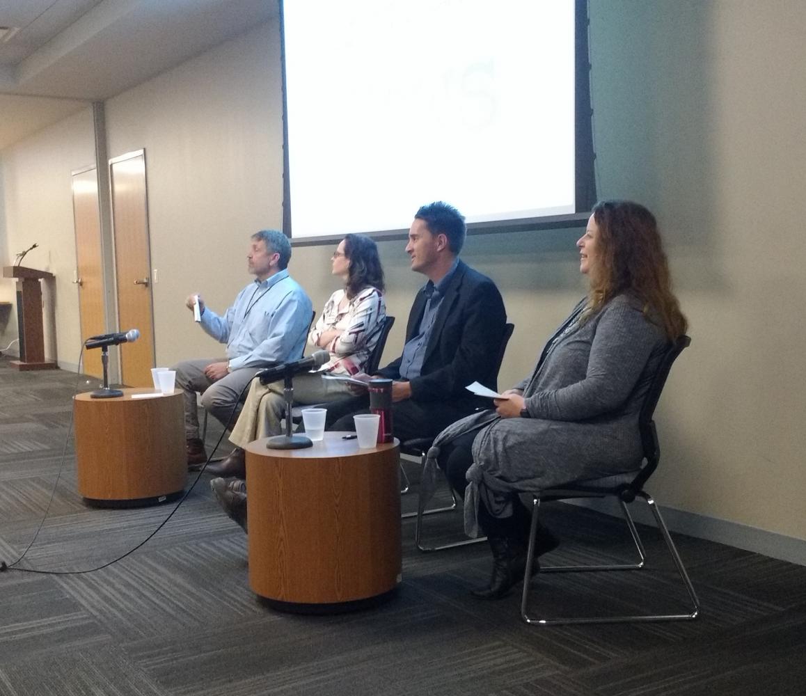 Left to right: journalists Jeff Dankert, Jenna Dooley and David Giuliani give news perspectives with Amanda Cook Fesperman moderating at the final Noise vs. News event.