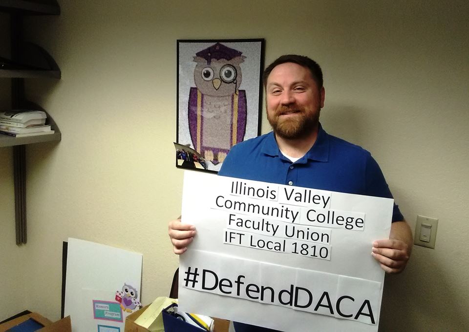 Show of Support:
Adam Oldaker, English instructor, and several members of IFT Local 1810 shared pictures on social media to show support for DACA.