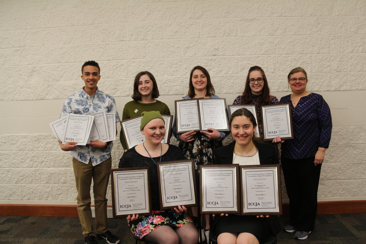 IV Leader staff attended the Illinois Community College Journalism Association spring conference and accepted awards. Back row: Noah Currie, Summer Hoagland-Abernathy, Rachel Einhaus, Alexandria Bennett, and adviser Lori Cinotte. Front row: Kellsie Edgcomb and Martha Hoffman.