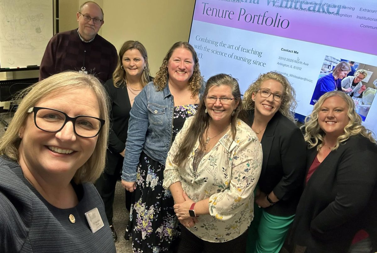 Faculty awarded tenure this spring join IVCC President Dr. Tracy Morris and Vice President for 
Academic Affairs Gary Roberts (both left) for a photo. Next to Roberts from left are Cathy Lenkaitis, 
Emily Morgan, Theresa Molln, Samantha Whiteaker and Chrissy Boughton.