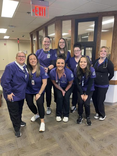 CELEBRATIG SUCCESS
Nursing Instructor Margie Francisco (left) joins students for a photo at the end of their first eight weeks of class for the spring semester. Francisco is retiring this year after a 19-year teaching career.
