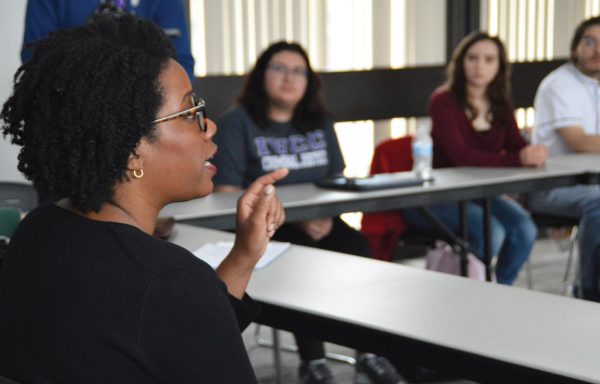 U.S. Rep Lauren Underwood visits with students from the student group Socrates Cafe during a stop on campus April 5.