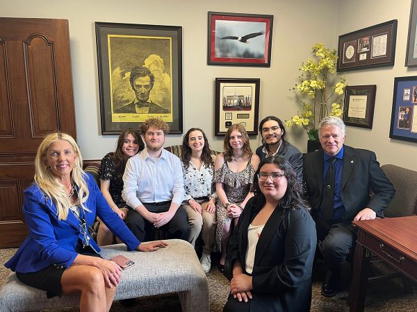 State Sen. Sue Rezin (left) visits with students Emma Coss (from left), Ashton Watkins, Allayna Elnicki, Mary Lowery, Daniel Sack, Jennifer Cortes and instructor Mike Phillips. The students, representing Student Government, Project Success, the Hispanic Leadership Council as well as other student organizations visited lawmakers April 18 during Student Advocacy Day.