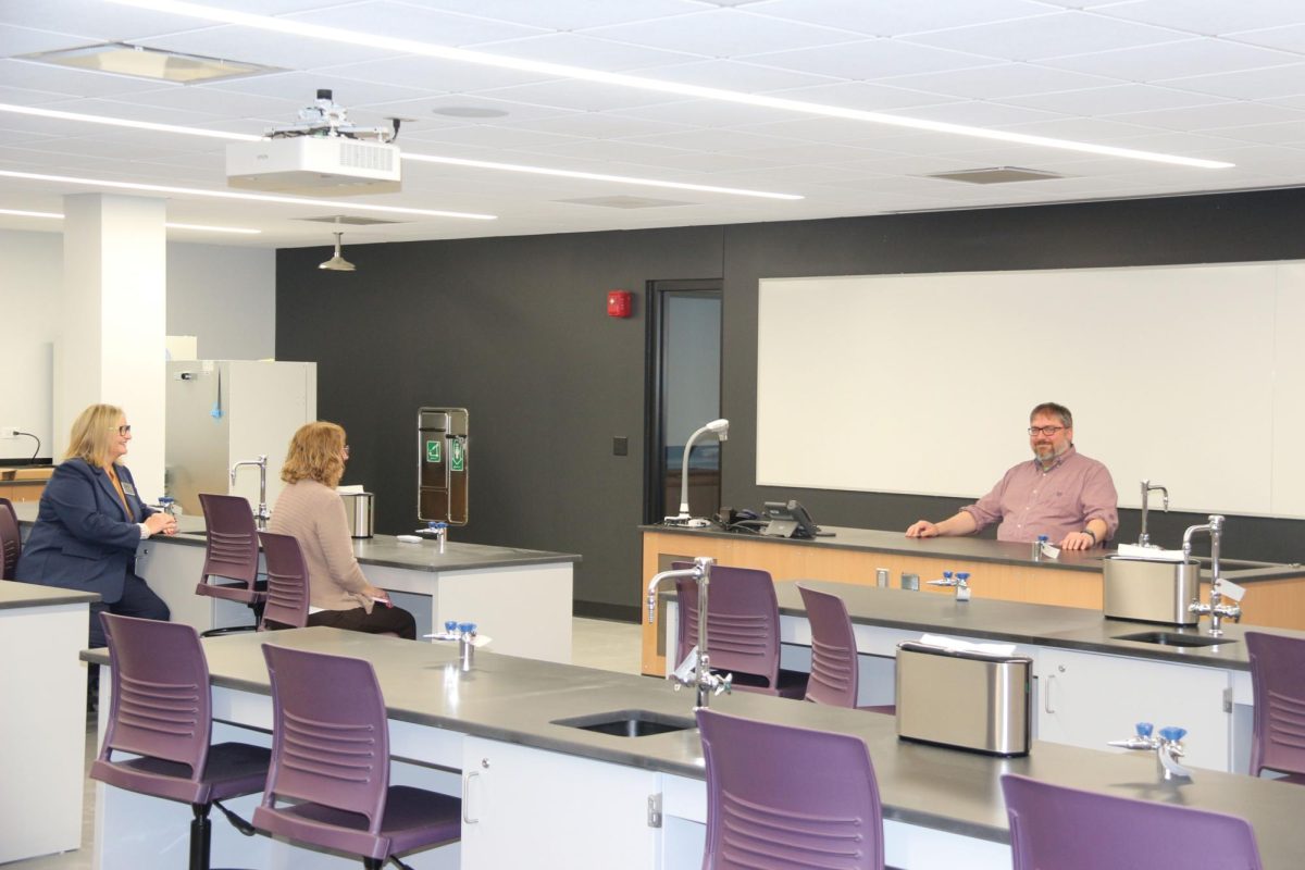 Microbiology instructor Keith King (right) checks out his new microbiology classroom that was added through a recent construction project with IVCC president Tracy Morris (left) and Kathy Ross, vice president of business and finance.